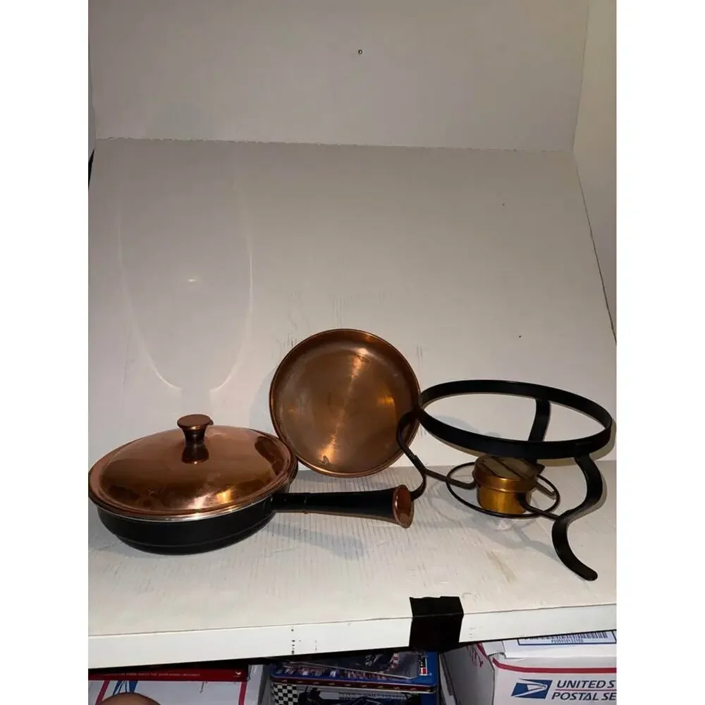 Vintage Copper Chafing Dish with Wood Handle and White Enamel Inside